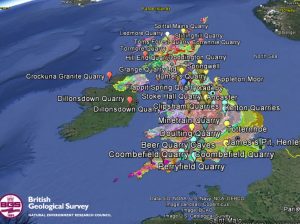 A geological map overlay showing rock type and quarry locations